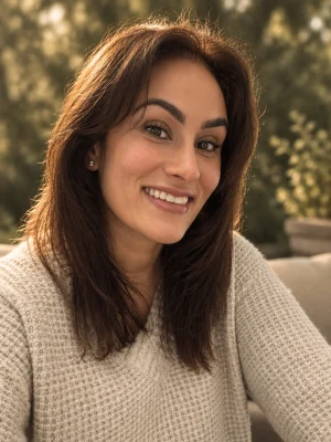 Dr Zeest Khan smiling outdoors in a light knitted sweater.